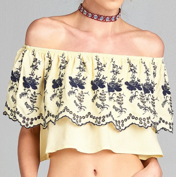 Tops - Yellow Floral Embroidered Off Shoulder Top